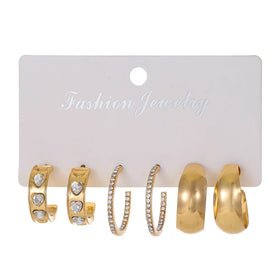 DUYIZHAO Personality High Quality 3 Pairs Heart Crystal C Shape Gold Open Hoop Earrings Set for Women Gift