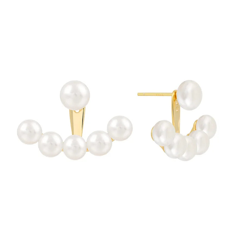 925 Silver Pearl Fan-Shaped Earrings with Two Smiling Faces Gold Plated for Anniversary Party or Gift