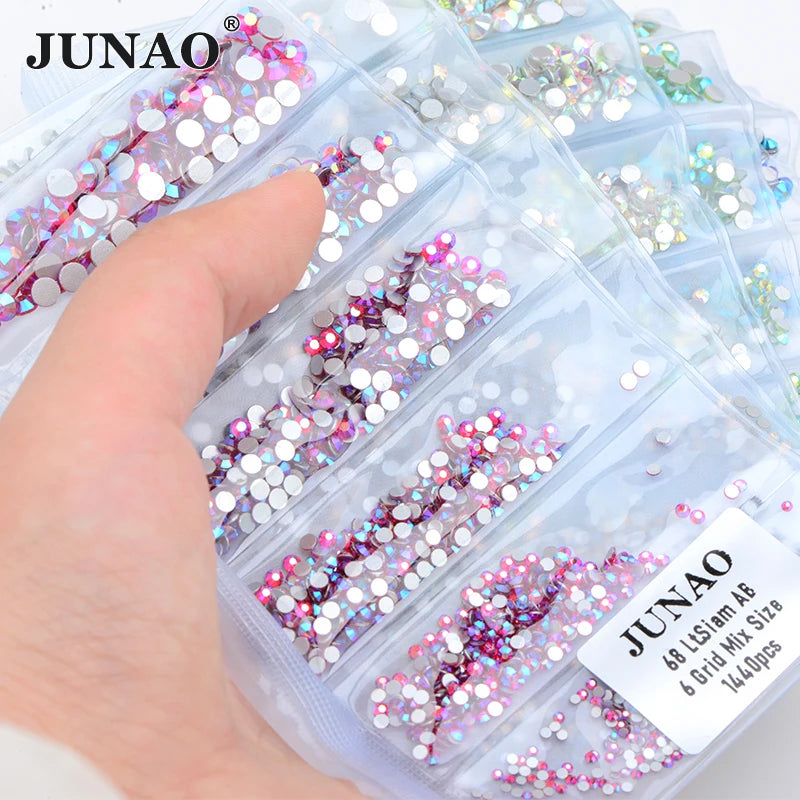 JUNAO SS6 SS8 SS10 SS12 SS16 Mix Size Non Hot Fix Flatback Strass  Crystals Applique Glass Rhinestones for Garments
