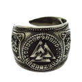Vintage Nordic Warriors Signet Ring Odin Symbol Engraved Round Stainless Steel Cluster with Gold Plating Viking Jewelry