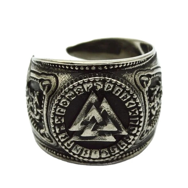 Vintage Nordic Warriors Signet Ring Odin Symbol Engraved Round Stainless Steel Cluster with Gold Plating Viking Jewelry