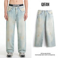 Custom Muddy Washed Jeans for Men Wide Leg Denim Pants Trousers Bottom Distressed Fade Wash OEM
