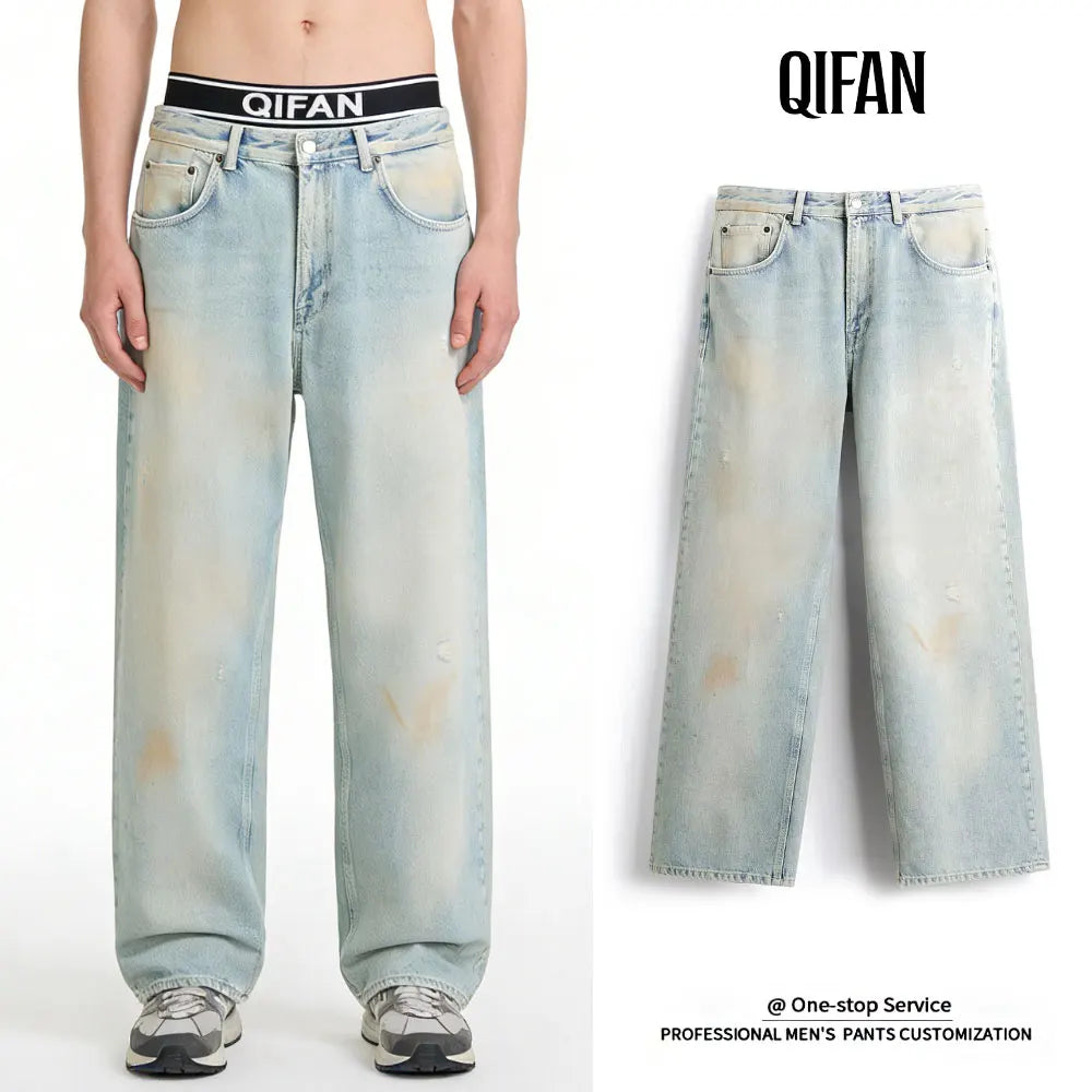 Custom Muddy Washed Jeans for Men Wide Leg Denim Pants Trousers Bottom Distressed Fade Wash OEM