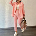 S-2XL New Double Layered Crepe Loose Large Lapel Long Sleeved Shirt Casual Set