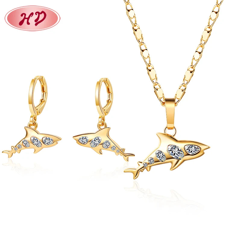 New Fashion Cz Cubic Zirconia 18k Gold Plated Dolphin Pendant Necklace and Earrings Jewelri Jewelry Set Para Mujer