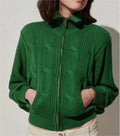 2026 Manufacturer Custom Design Women Cotton Green Cropped Zipper Sweater Mock Neck Zip up Cable Knit Jacket With Pockets