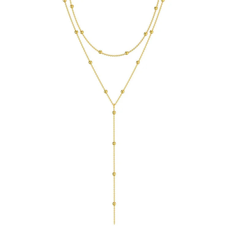 Gold Plated Y Shape Beaded Chain Jewelry Double Layered Rosary Choker Necklace for Women