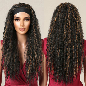 Factory Direct Long Afro Curly Black Golden Highlight Headband Synthetic Wigs Natural Hair for Women Bohemian Headband Wig