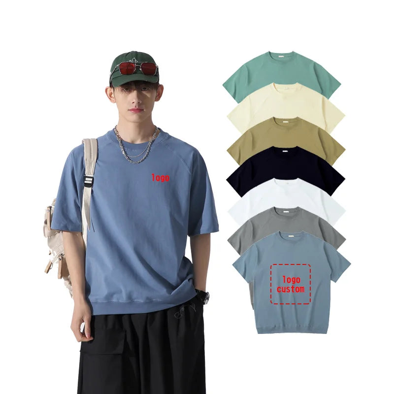 Spring Summer Mens Basic Oversize 100% Cotton 230 Grams Round Neck T-shirts Drop-shoulder Loose Style Men's T-shirts