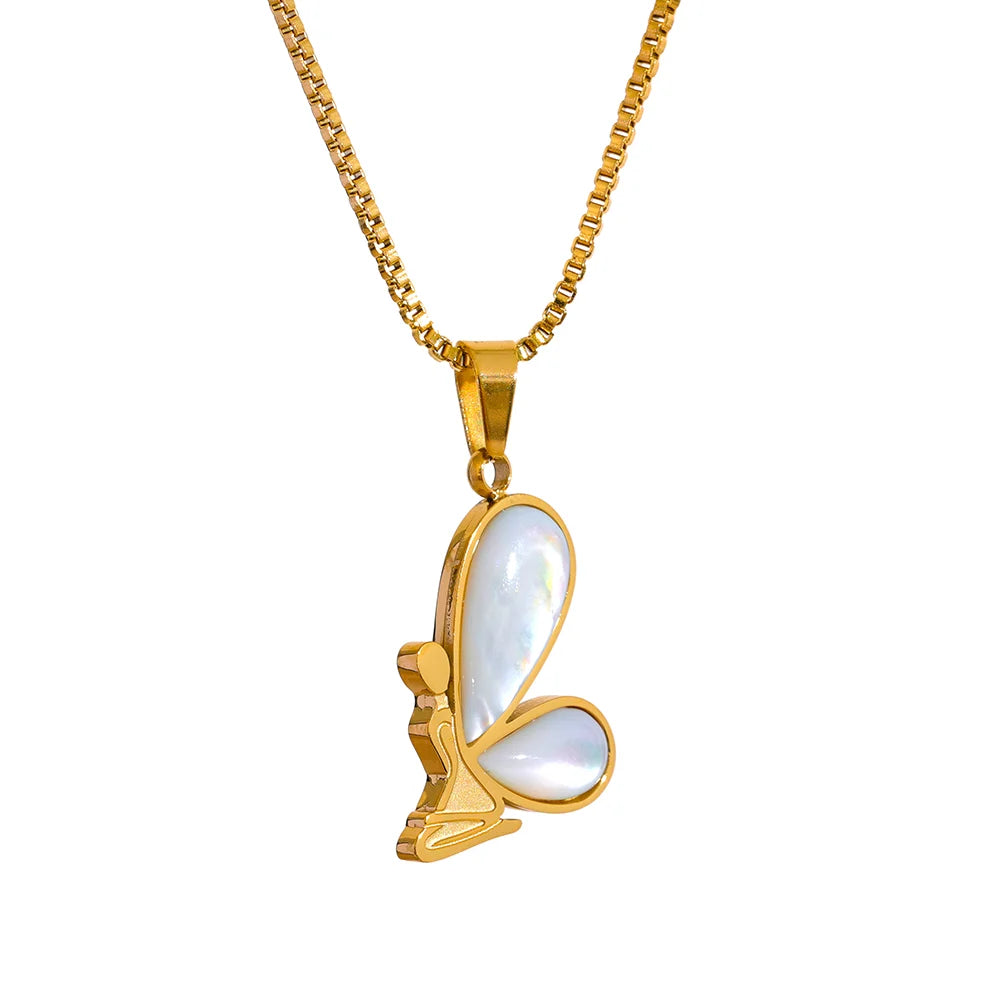 JINYOU 516 Stainless Steel Butterfly Pendant Necklace Inlaid Natural Shell 18K Gold Color Charms Jewelry for Women Waterproof