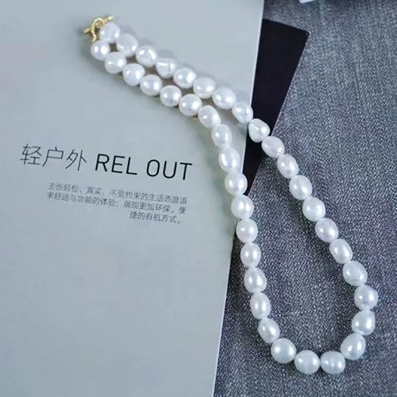 8-9 mm Freshwater Pearl Baroque Chain Necklace 925 Silver Classic Link Chain Natural Pure Main Stone Bead Choker