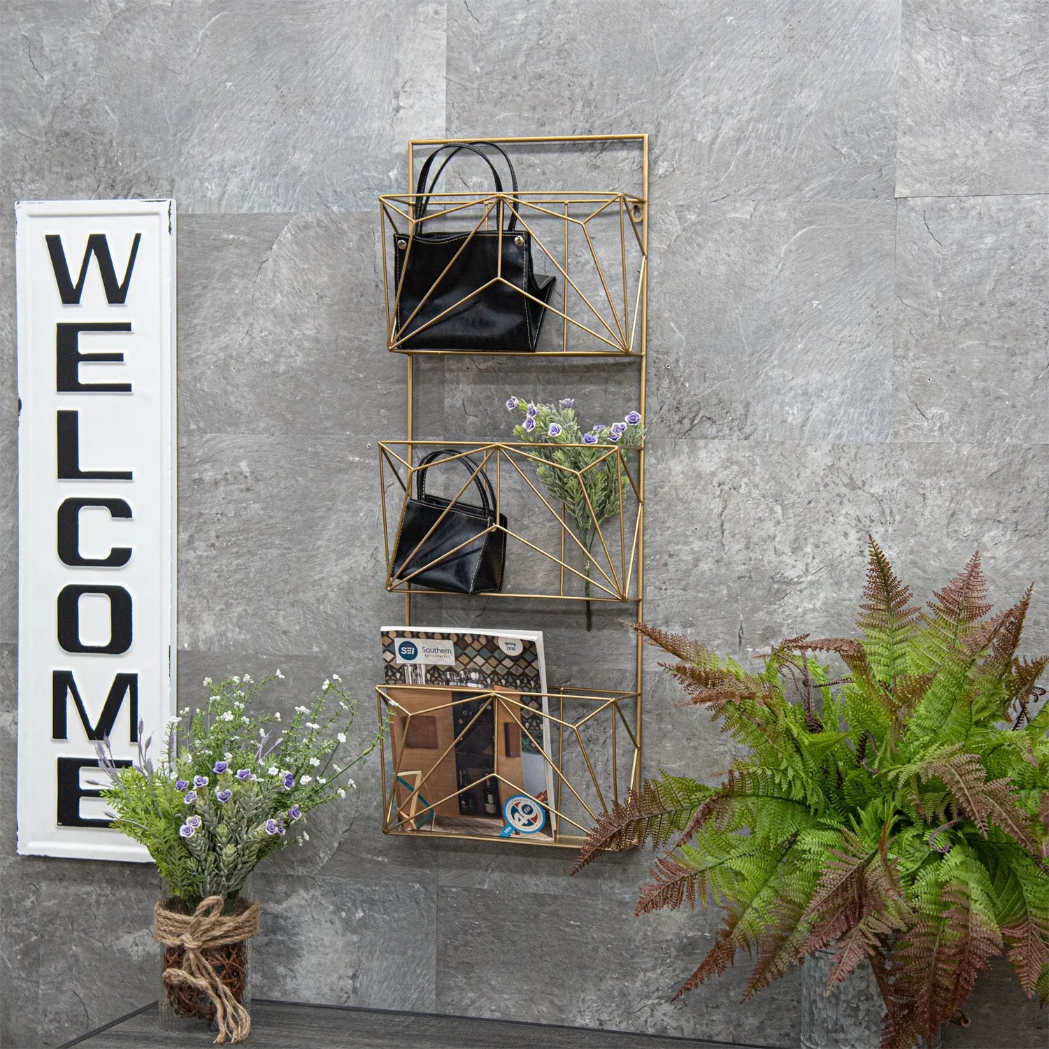 New Design INNOVA Art Deco Living Room Gold Metal Wire Wall Mounted Non-Folding Three-Layer Multifunction Holder Storage Rack