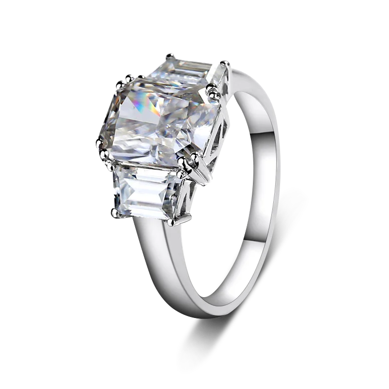 14k 18k Gold Jewelry Three Stones Emerald Cut Moissanite Ring