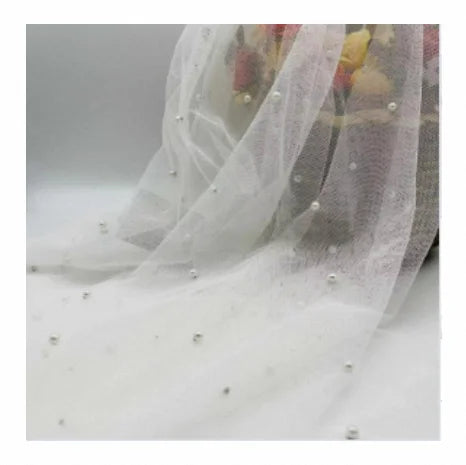 Embroidery 3D Handwork Net Sheer Shiny Lace Fabric Tulle With Pearls Fabric Beaded For Wedding Bridal Dress