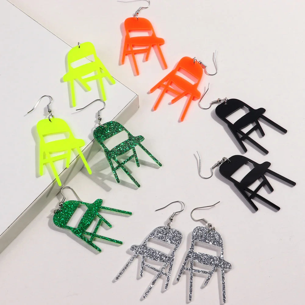 2024 Funny Personality Neon Sequin Glitter Acrylic Drop Earrings Colorful Folding Chairs Party Jewelry Accessories Fashion