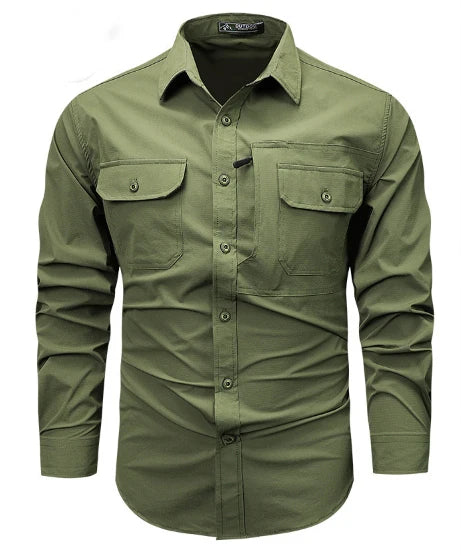 Casual Men's Loose Long-Sleeved Solid Color Cargo Shirt for Spring and Autumn Large-Size Outdoor Wear