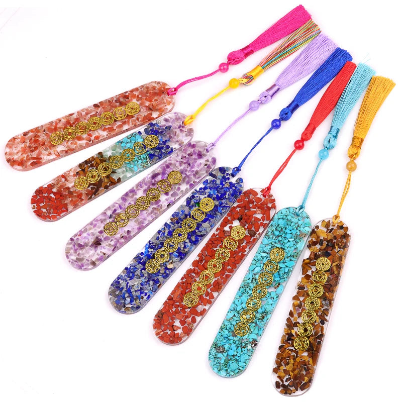 Hot Selling Oval Resin Wrapped Natural Crystal Chip Bookmark Stone Fashion Collectible Colorful Tassel Bookmark for Gift