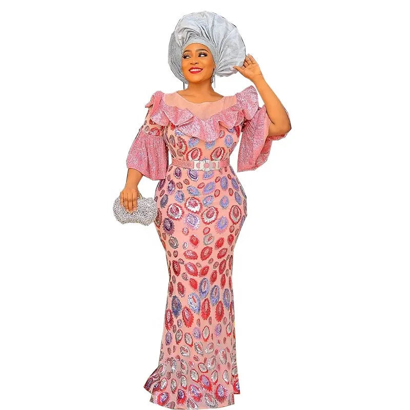 Modest Evening Party Sequin Banquet Dress With Big Floral Edge Special Dresses for Women K0411