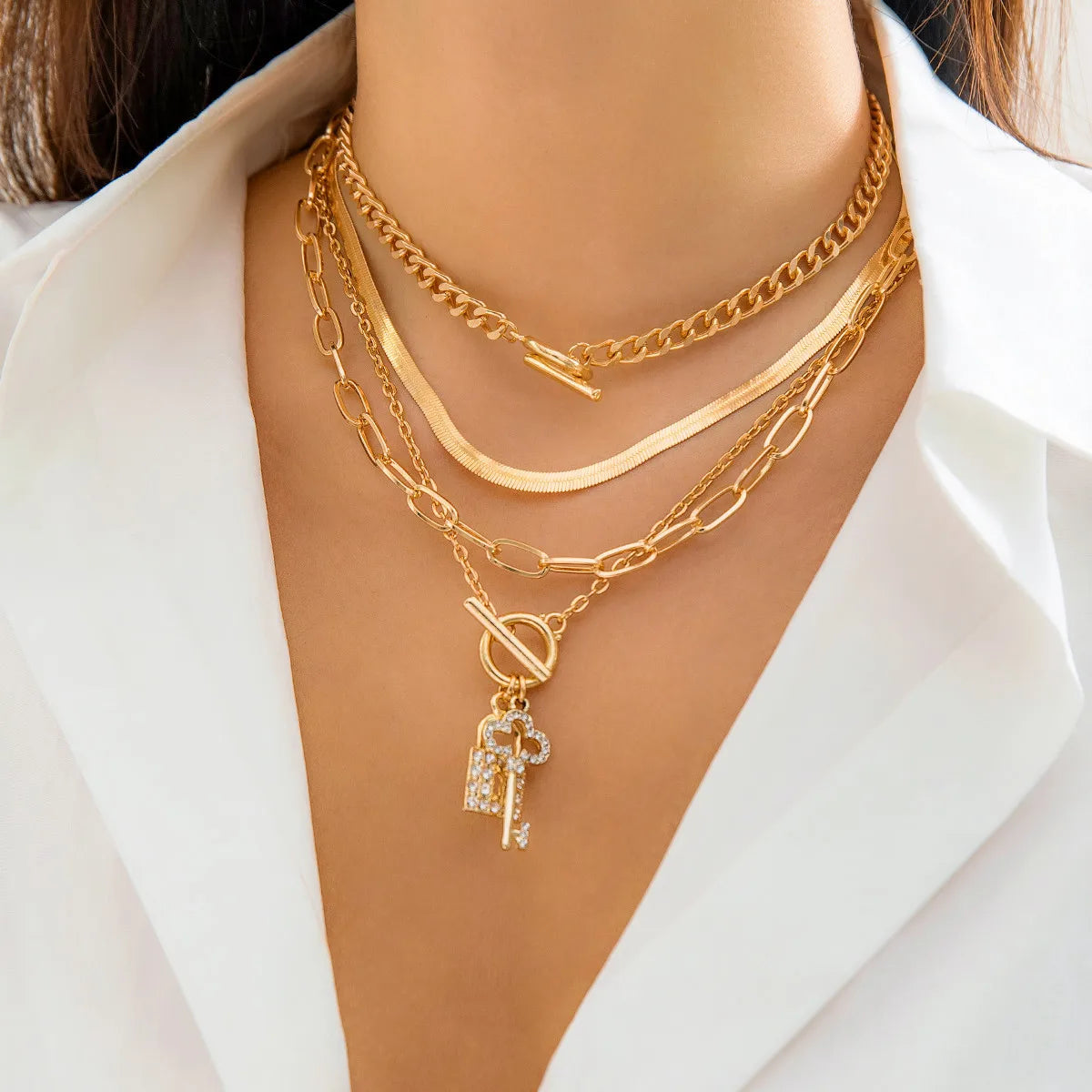 Jachon New Styles Snack Multilayer Chain Lock Button Choker Necklace Set Valentine's Day Gift for Women Fashion Jewelry Necklace