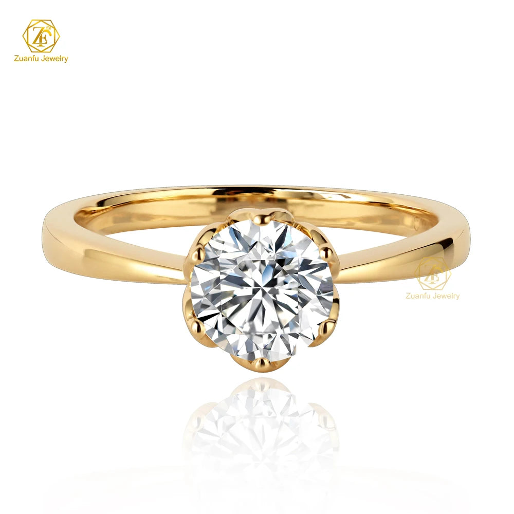 Pass Diamond Tester 6.5mm 1CT Diamond 18K Yellow Gold Ring Beautiful Flower Holder D VVS Moissanite Ring Fashion Design