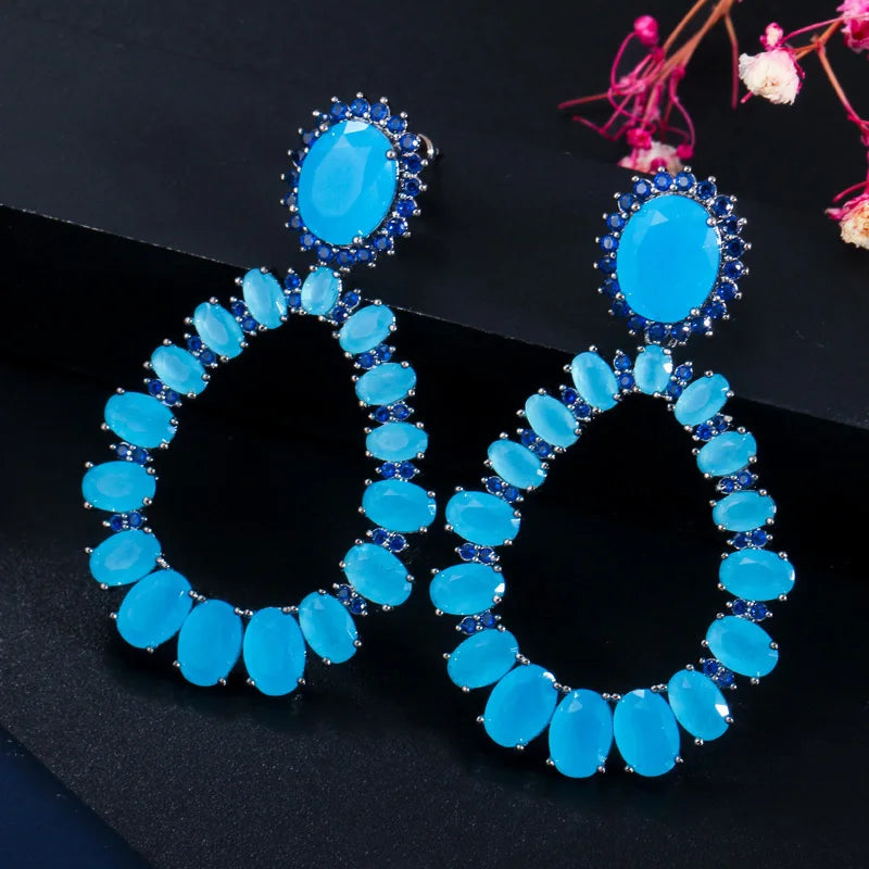 Personalized Exaggerated Oval Cut Blue Color Cubic Zircon Stone Long Big Teardrop Shaped Boho Dangle Earrings for Ladies Jewelry