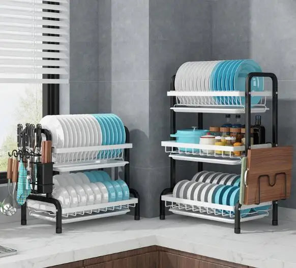 2-Tier  3-Tier Metal Dish Drying Drainer with Cutting Board Holder Large Dish Rack for Kitchen Counter Organizer