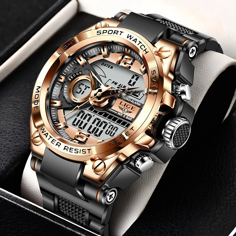LIGE LG8922 Men Silicon Strap Dual Display Chronograph Clock 50m Waterproof Sport Wristwatch LED Digital Watch Relogio Masculino