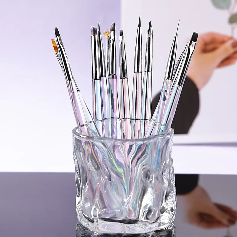 Professional Flat Hair Shape Nylon Nail Liner Brushes Set Crystal Handle Private Label Fine Gel Drawing for Acrylic Nails