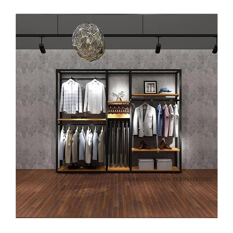 Fashion Garment Shop Fittings Custom Metal Clothes Hanging Racks Black Display Wall Mounted Display Racks and Stands