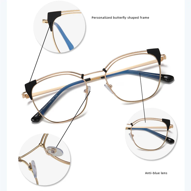 Retro Frame Women Oversized Women Top Quality Optical Glass Lens Frames Blue Light Blocking Eyewear Cat Eye Metal Glasses Frame