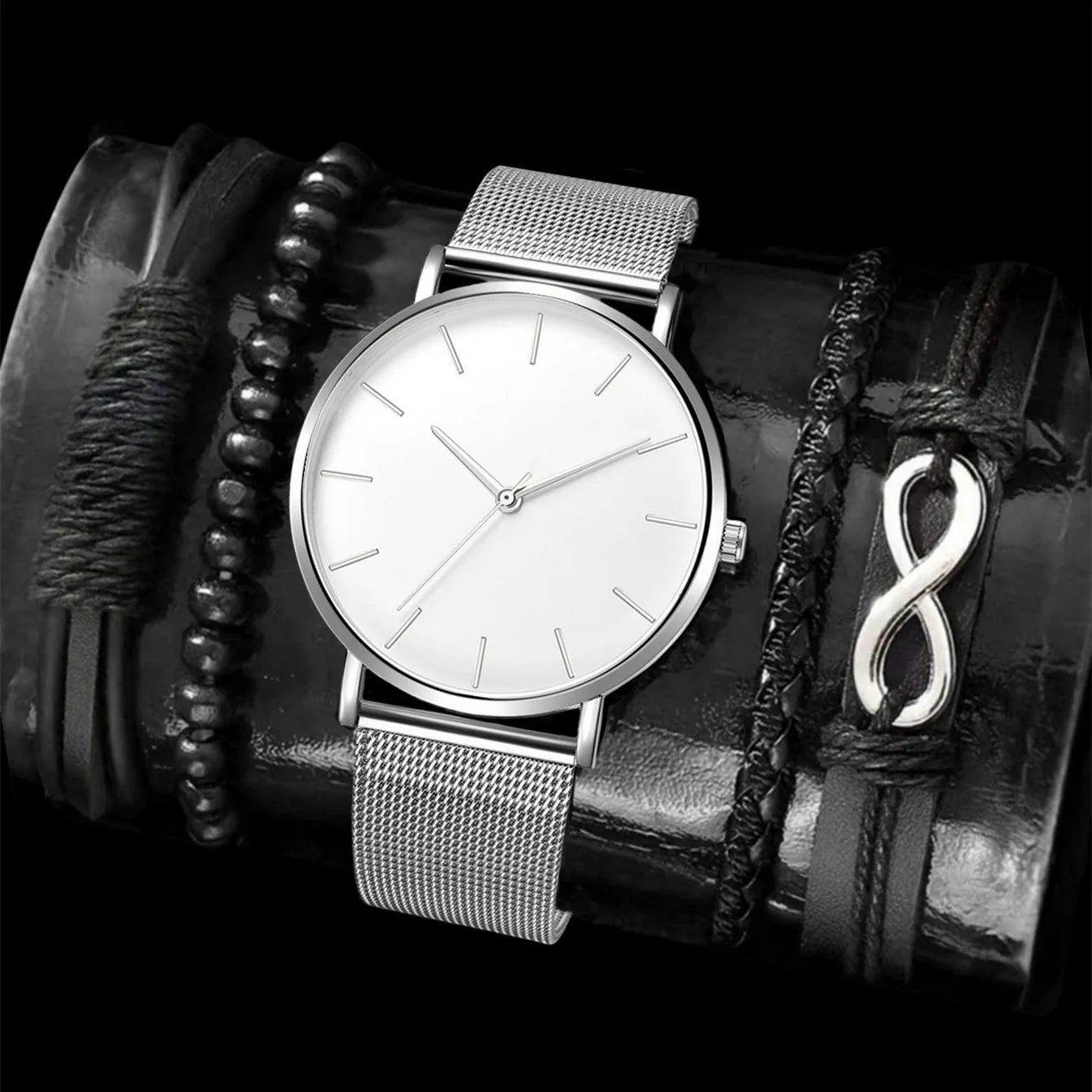 Luxury 5-Pcs Set of Men's Black Sports Wristwatches Big Dial Quartz Watches with Stainless Steel Band Business Alloy Case Clocks