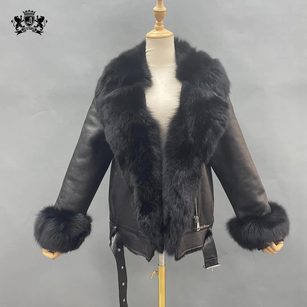 Janefur Wholesale Fashion Design Women Sheepskin Coat Custom 100% Real Leather and Fur Jacket