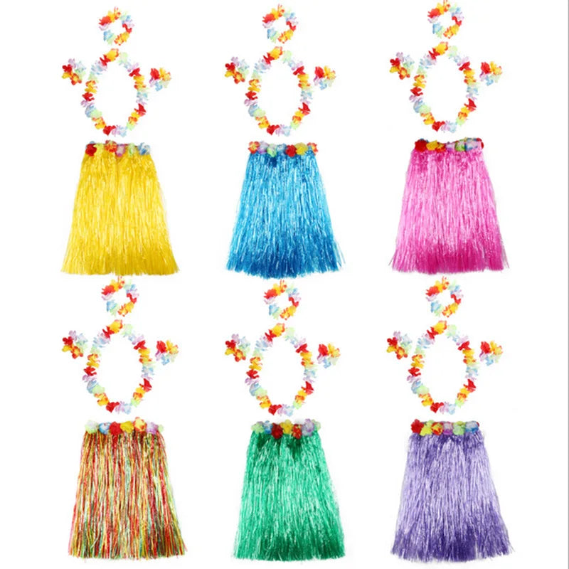 Elastic Hawaiian Hula Dancer Grass Skirt With Flower Costume Set