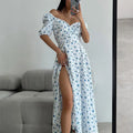 Cheap Wholesale 2023 Summer Sexy Floral Dress Elegant Slit V Neck Dress for Women Short Puff Sleeve Long Dress