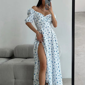 Cheap Wholesale 2023 Summer Sexy Floral Dress Elegant Slit V Neck Dress for Women Short Puff Sleeve Long Dress