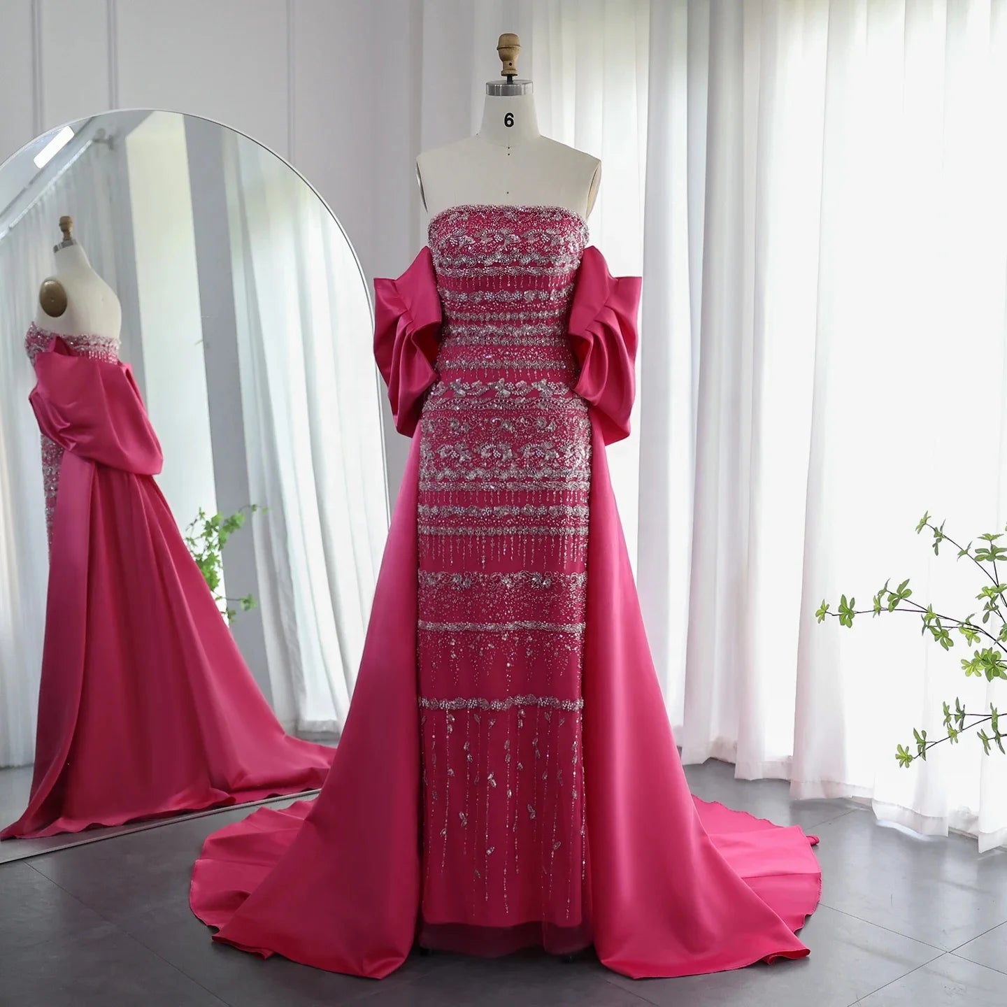 Jancember SCZ147 Luxury Dubai Beaded Fuchsia Women's Wedding Evening Party Dresses