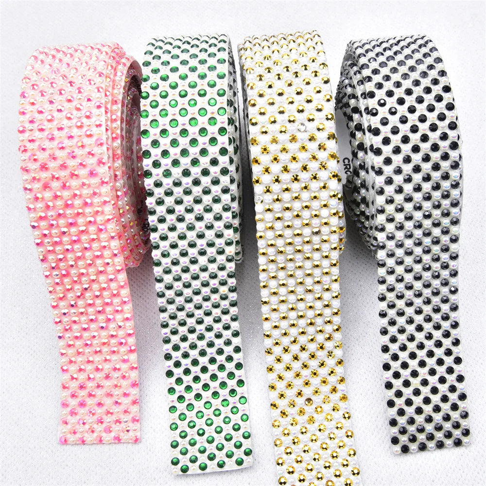 3cm Crystal AB Pearl Trim Self Adhesive Rhinestone Diamond Mesh Iron on Strass Trim Ribbon Diy Clothing Wedding Decoration