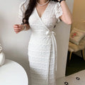 Wholesale 2025 Summer French  Style Lace Hook Elegant Style V-Neck Lace up Waist Slim Women's Dress