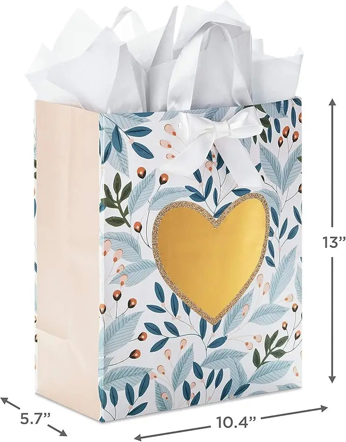 Customized Wholesale Recyclable Art Paper Offset Printed Large Gift Bags Tissue Paper (Green Foliage Gold Heart) for Weddings