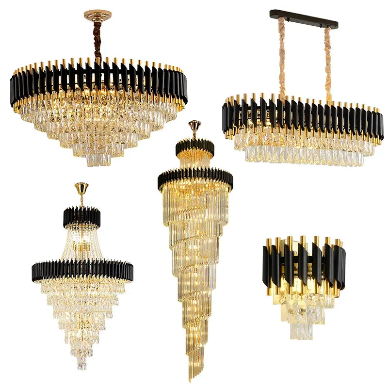 Modern Stair Ceiling Crystal Chandelier Lighting Led Hanging Lamps Dinning Living Room Gold Black Lustre Suspension Luminaire
