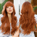 Factory Wholesale Long Wavy Orange Brown Synthetic Wigs With Bangs Copper Ginger Cosplay Wig for Women Afro Body Wave Hair
