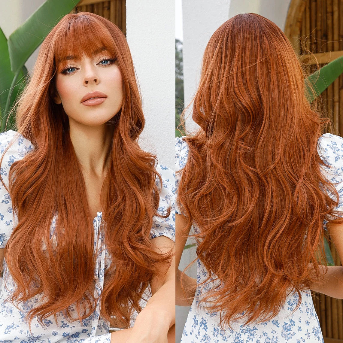 Factory Wholesale Long Wavy Orange Brown Synthetic Wigs With Bangs Copper Ginger Cosplay Wig for Women Afro Body Wave Hair