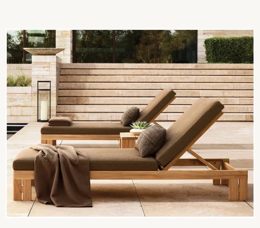 Modern Teak Wood Chaise Sun Lounger Chair with Water-Proof Fabric for Pool Outdoor Garden Villa & Hotel Patio