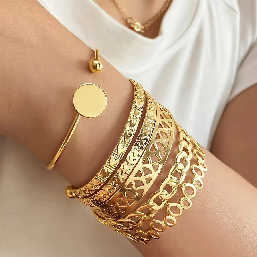 2025 New DS Fashion 6pcs Gold Metal Geometric Love Letter Heart Tennis Open Charm Bangle Bracelet Set for Women Jewelry Punk