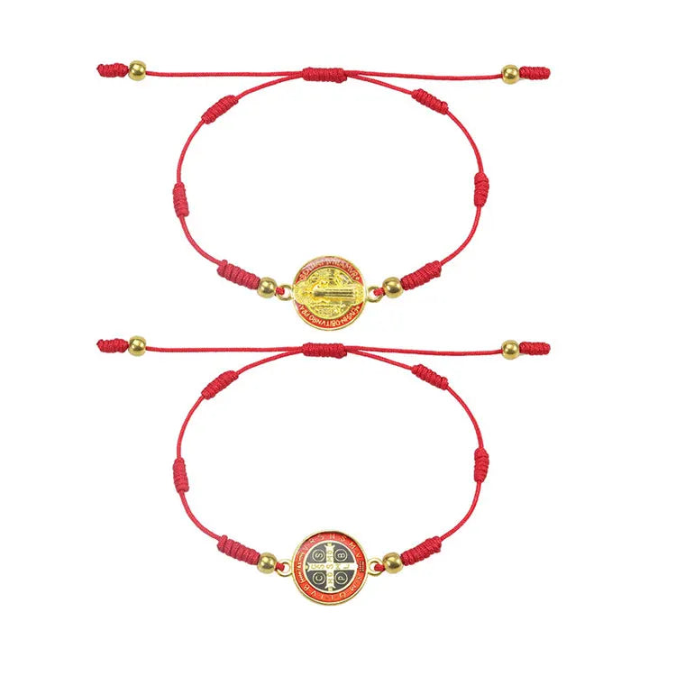 Hot Selling Lucky 7 Knot Red String Catholic Religious Virgin Mary Bracelets Women Round Two Sides St. Benedict Cross Bracelet