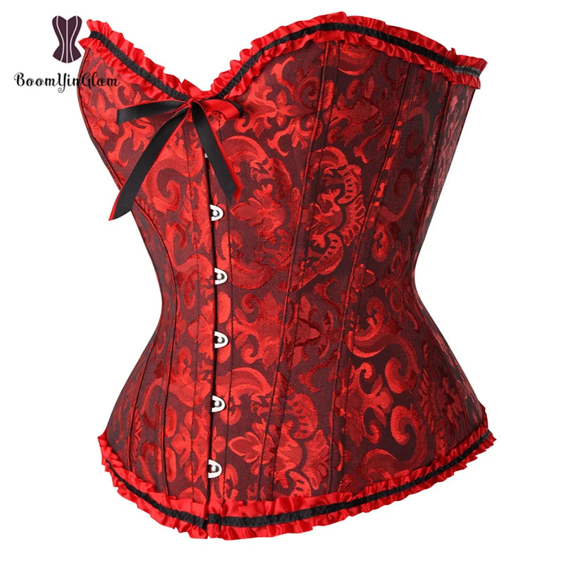 Hot Sale in Europe China Supplier Ropa Gotica Mujer Corselet Women Black and Red Bow Bustier Korset Top With G String