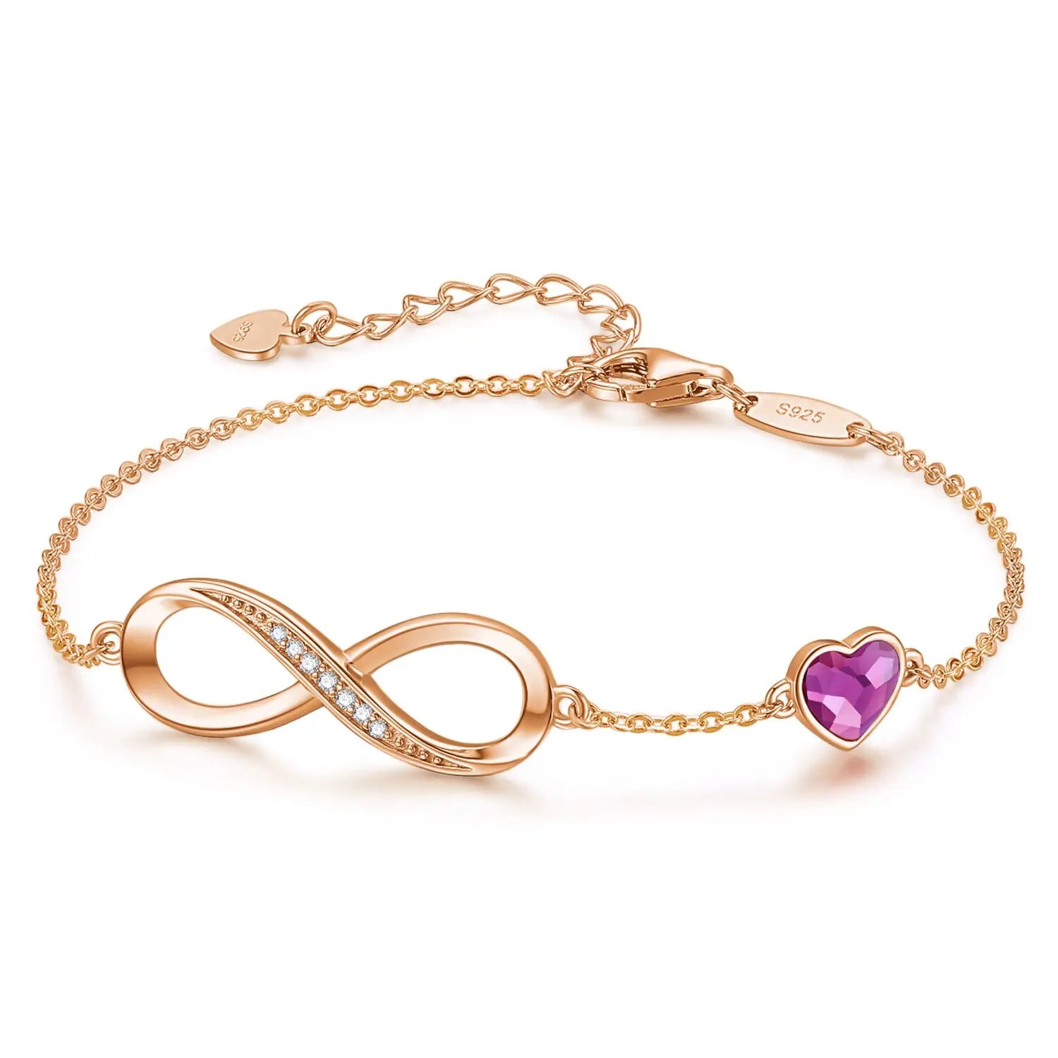 925 Sterling Silver Women's Adjustable Heart Charm Bracelet Rose Gold Custom 'Eternal Love' Infinity CZ Crystal Parties Gifts