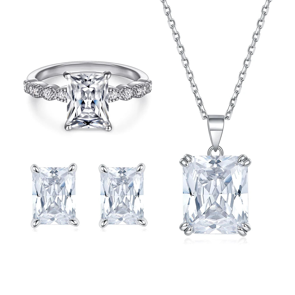 Luxury No Fade Rhodium Plated Octagon Zirconia 925 Sterling Silver Bridal Necklace and Earrings Jewelry Set with Prong Setting