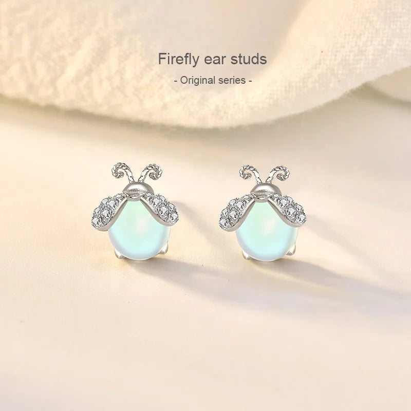 EA44 Cartoon Lovely Moonstone Fireflies Stud Earrings for Women 925 Sterling Silver Insect Ear Studs Tiny Cute Fine Jewelry