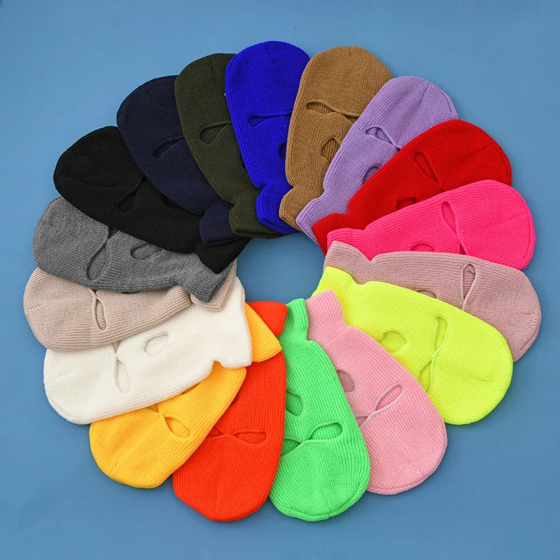 Neon Solid Color Winter Warm Skimask Custom Embroidery Logo Acrylic 3 Hole Knitted Balaclava Ski Mask Hat